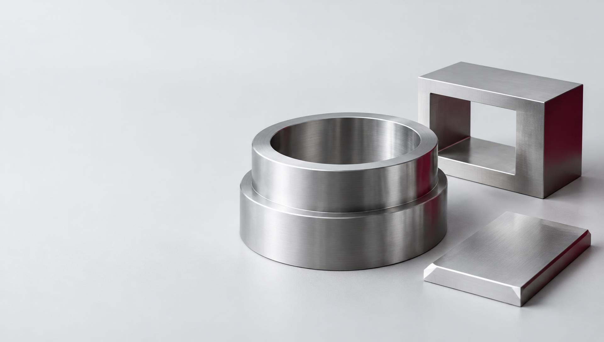 Illustration: drei nichtfunktionale, abstrakte Metallformkörper im hellen Studio – keine EPD-Bauteile
